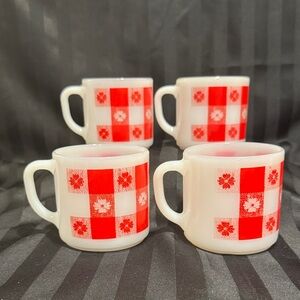 Federal Milk Glass Mugs in Red and White Gingham with Small Flowers